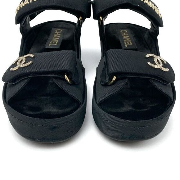 Chanel Sandals Shoes Fabric Velor Black Gold Rhinestone CC Coco Mark Logo Velcro - Picture 9 of 10
